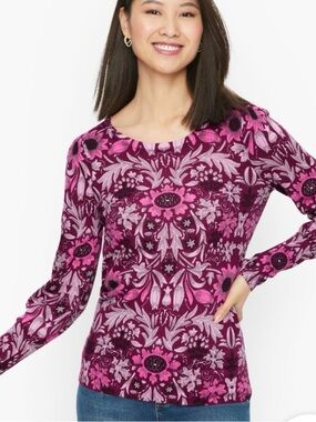 Talbots Merino wool puffed sleeve floral sweater pink maroon sz M